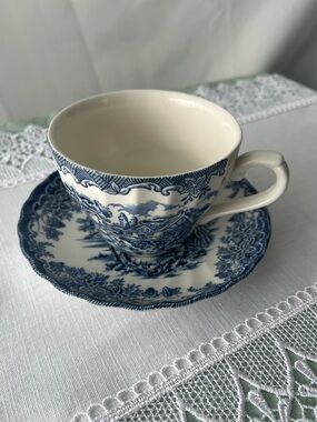 Churchill England "The Brook" Blue & White Cup & Saucer Discontinued Pattern